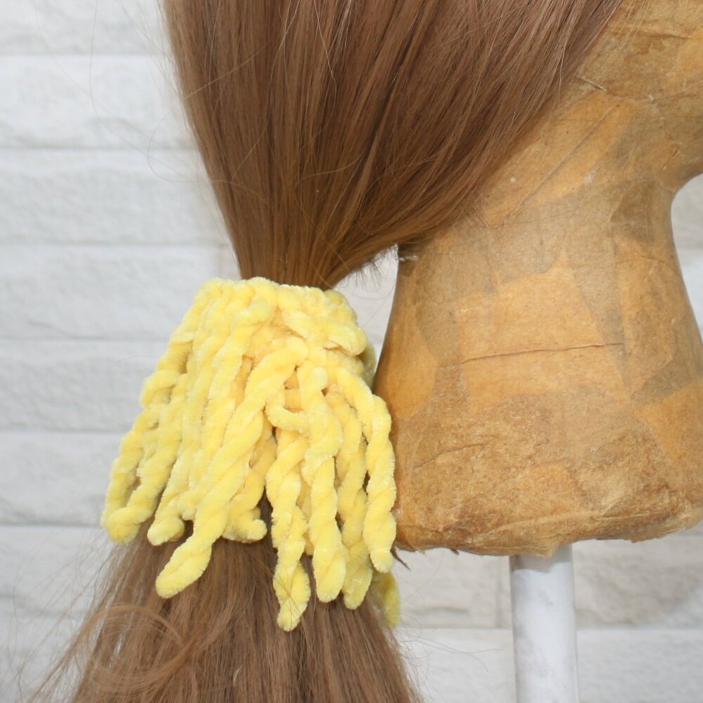 HAND CRAFTED Hair Scrunchie Fringe Crochet Kids Chenille Spring Citrus Yellow